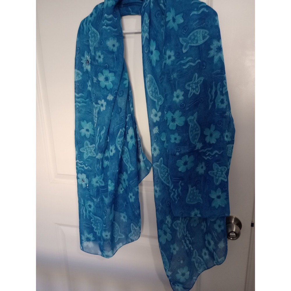 More by Lata Blue Beaded Floral Ocean Sheer Scarf Wrap 40 x 72 One Size